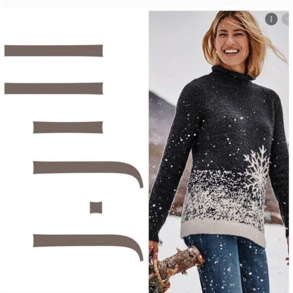 NEW J.Jill Large Sweater Intarsia Snowflake Funnel Neck Gray Holiday Christmas - Picture 9 of 10